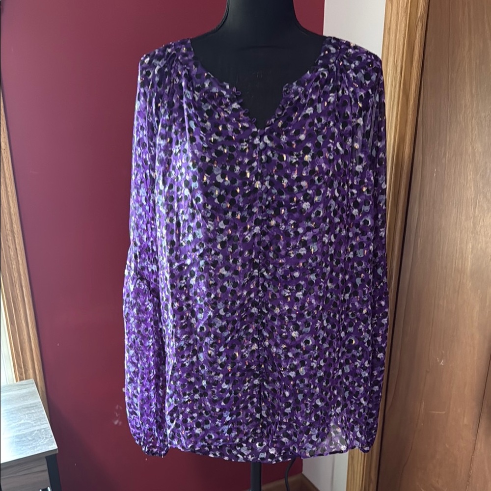 White House Black Market Purple and Black Long Sleeve Blouse